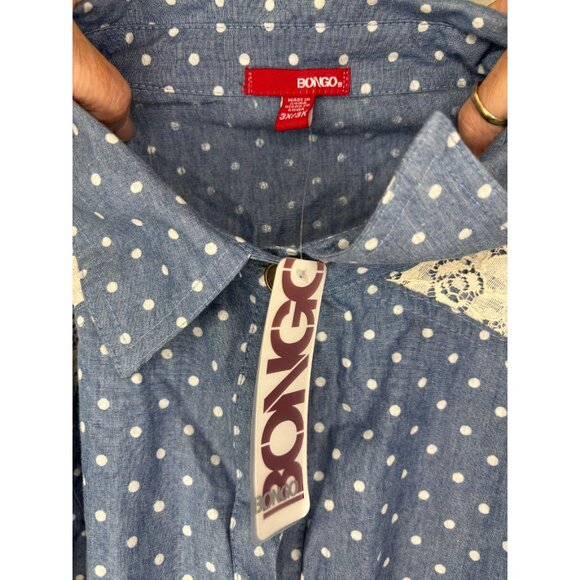 BONGO NEW Roll Tab Slv Blouse Juniors 3X Front Tie Lace Polka Dot Peasant - Picture 6 of 7